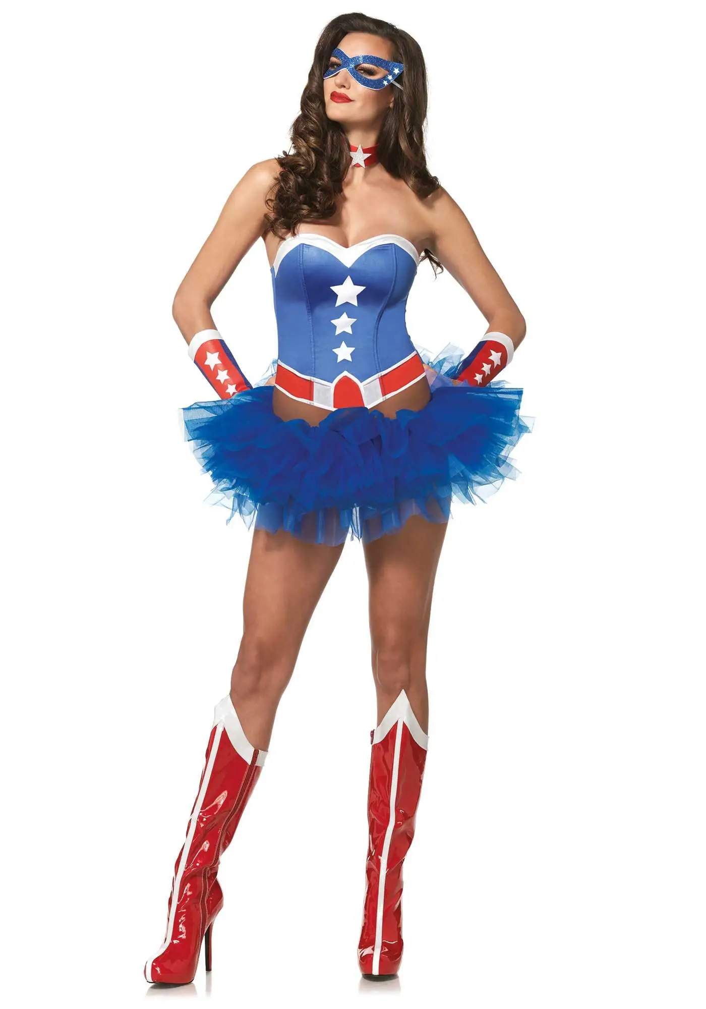 4delige Amerikaanse Superheldin Set Blauw Vrouw Kostuum 2 4delige Amerikaanse Superheldin Set Blauw Vrouw Kostuum - Afbeelding 2